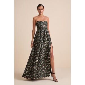 Lulus Rainie Black Floral Jacquard Strapless Lace-up Maxi Dress - Size M